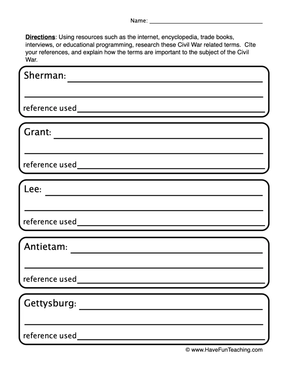 Civil War research terms: students define Sherman, Grant, Lee, Antietam and Gettysburg and cite a reference for each