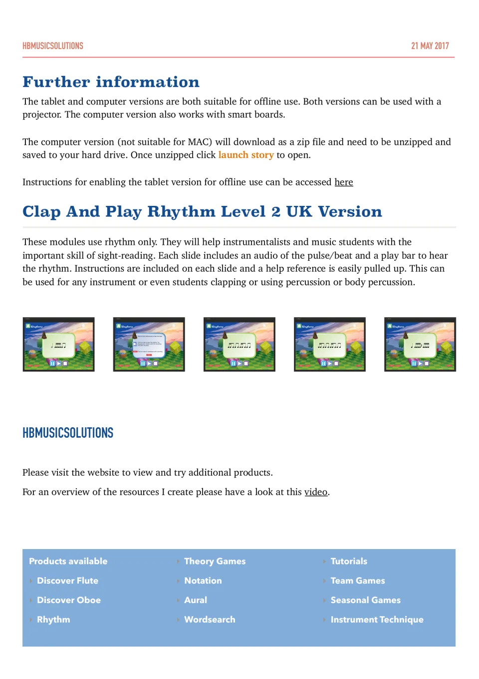 Setup notes for offline, projector and smart board use; rhythm slides for sight-reading with pulse audio and a play bar