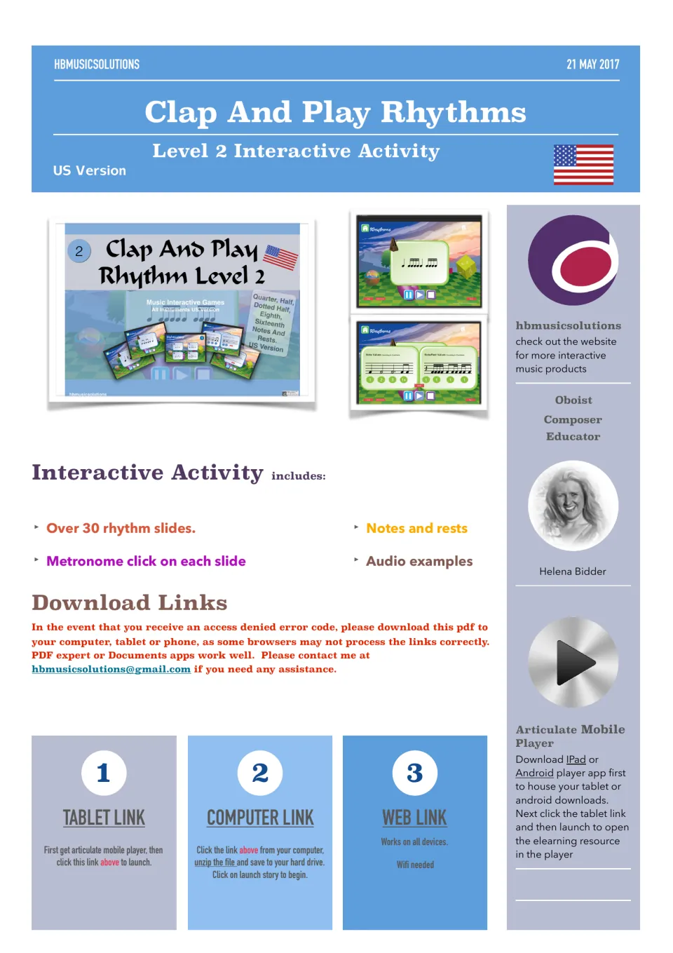 Access guide for the Level 2 rhythm activity: over 30 slides, metronome clicks, notes, rests, and audio.