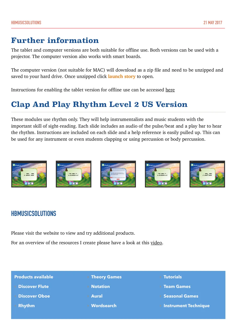 Instructions for the rhythm activity covering offline access, audio controls, clapping, and percussion.