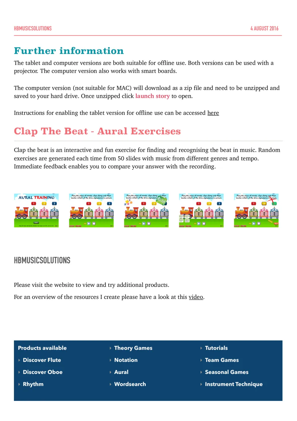 Setup notes for offline, projector and smart board use, plus slide screenshots of the time-signature train exercise