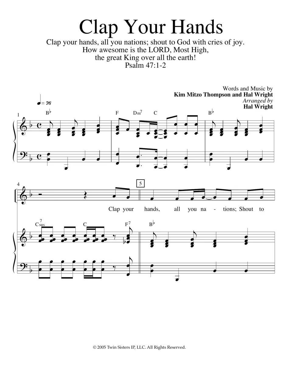 Psalm 47:1-2 song, bars 1-5: piano intro in F with chord symbols, then the vocal line enters on "Clap your hands"