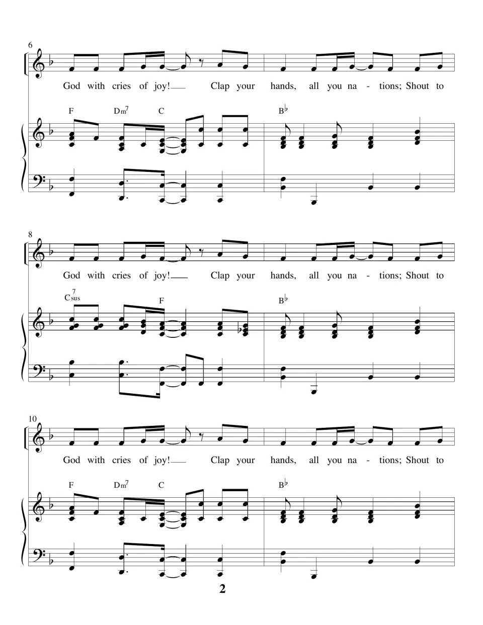 Vocal and piano score, bars 6-11: the "God with cries of joy" refrain repeats three times over F, Dm7, C and Bb chords