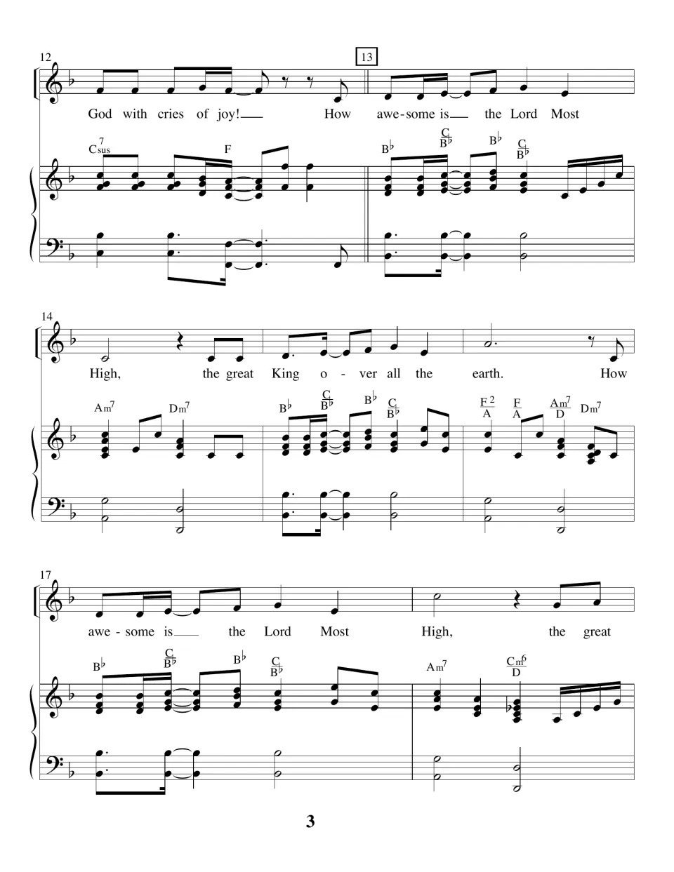 Song bars 12-18: a new section at bar 13 sings "How awesome is the Lord Most High, the great King"