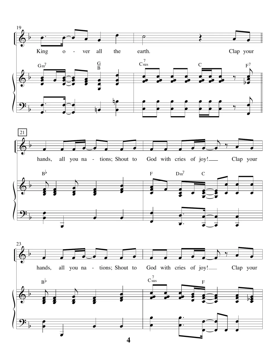 Piano-vocal score, bars 19-24: "King over all the earth" closes the verse, then the refrain returns at rehearsal mark 21