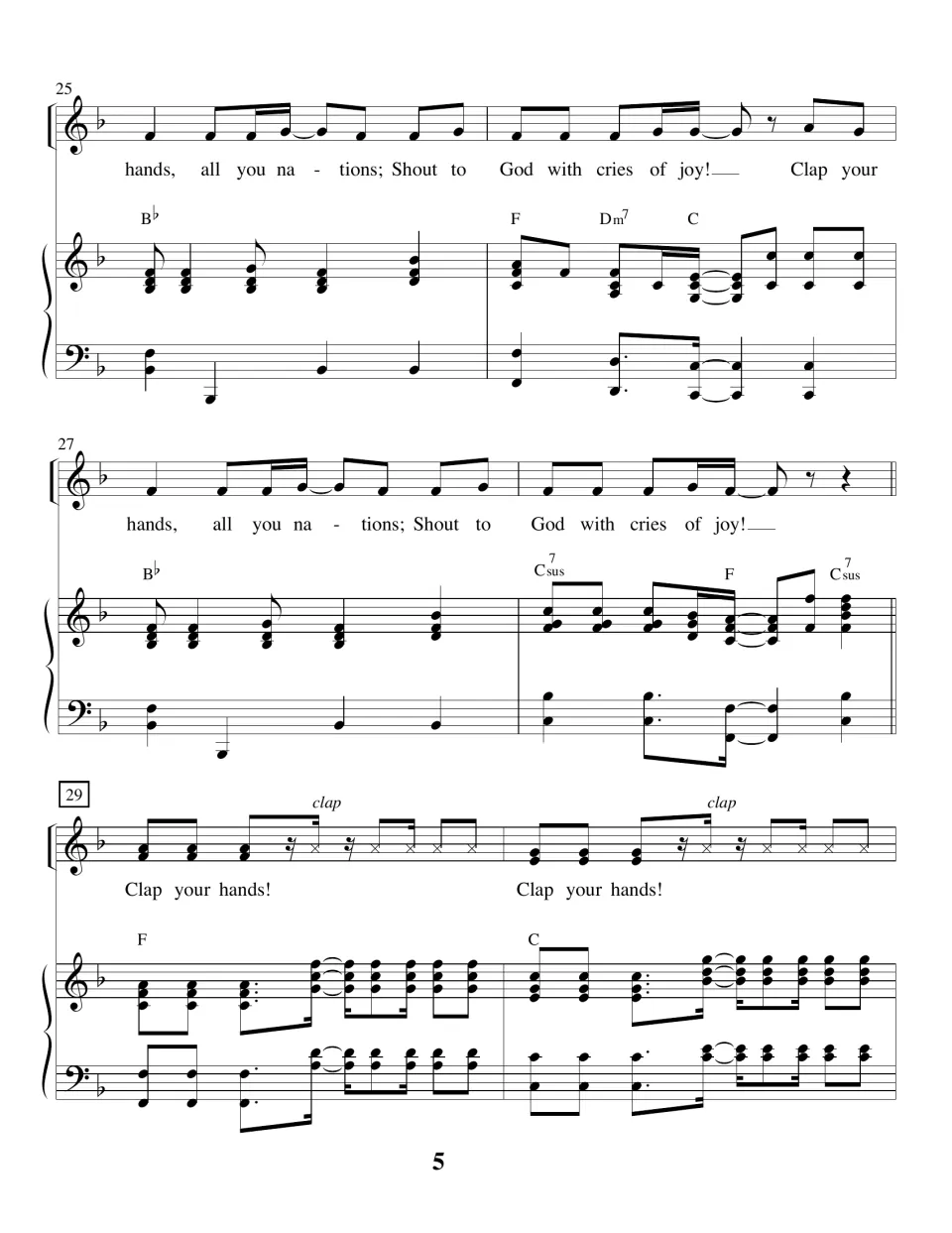 Music bars 25-30: the refrain ends, then from bar 29 singers clap on the x-noted beats after "Clap your hands!"