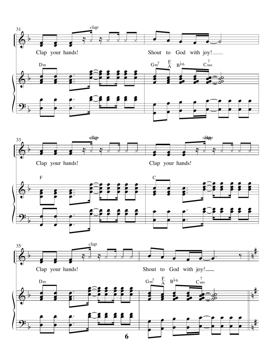 Score bars 31-36: clapping breaks continue, "Shout to God with joy!" lines, and a key change from F to G at the end