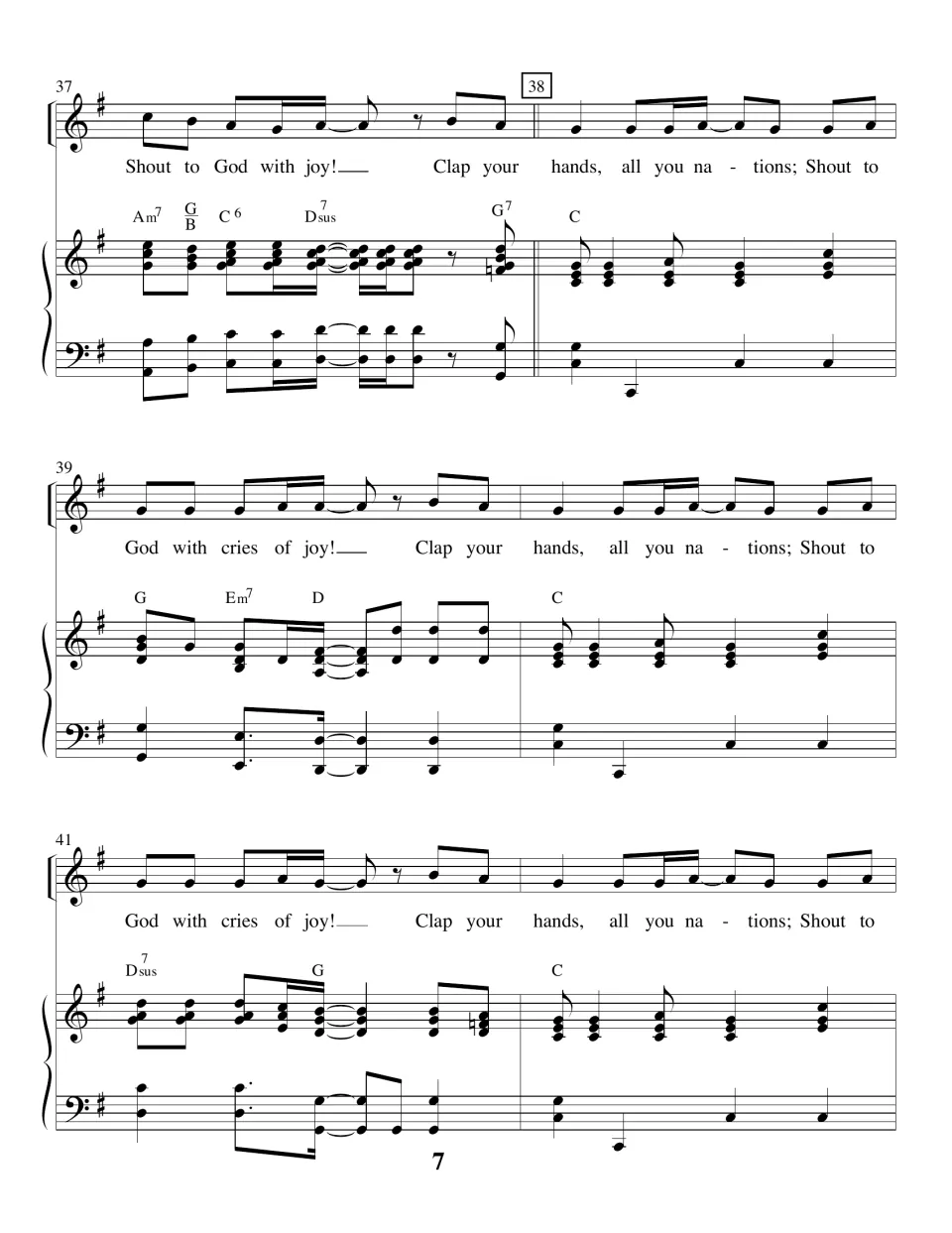 Song in G major, bars 37-42: the chorus repeats a step higher with C, G, Em7, D and Dsus7 chords in the piano part