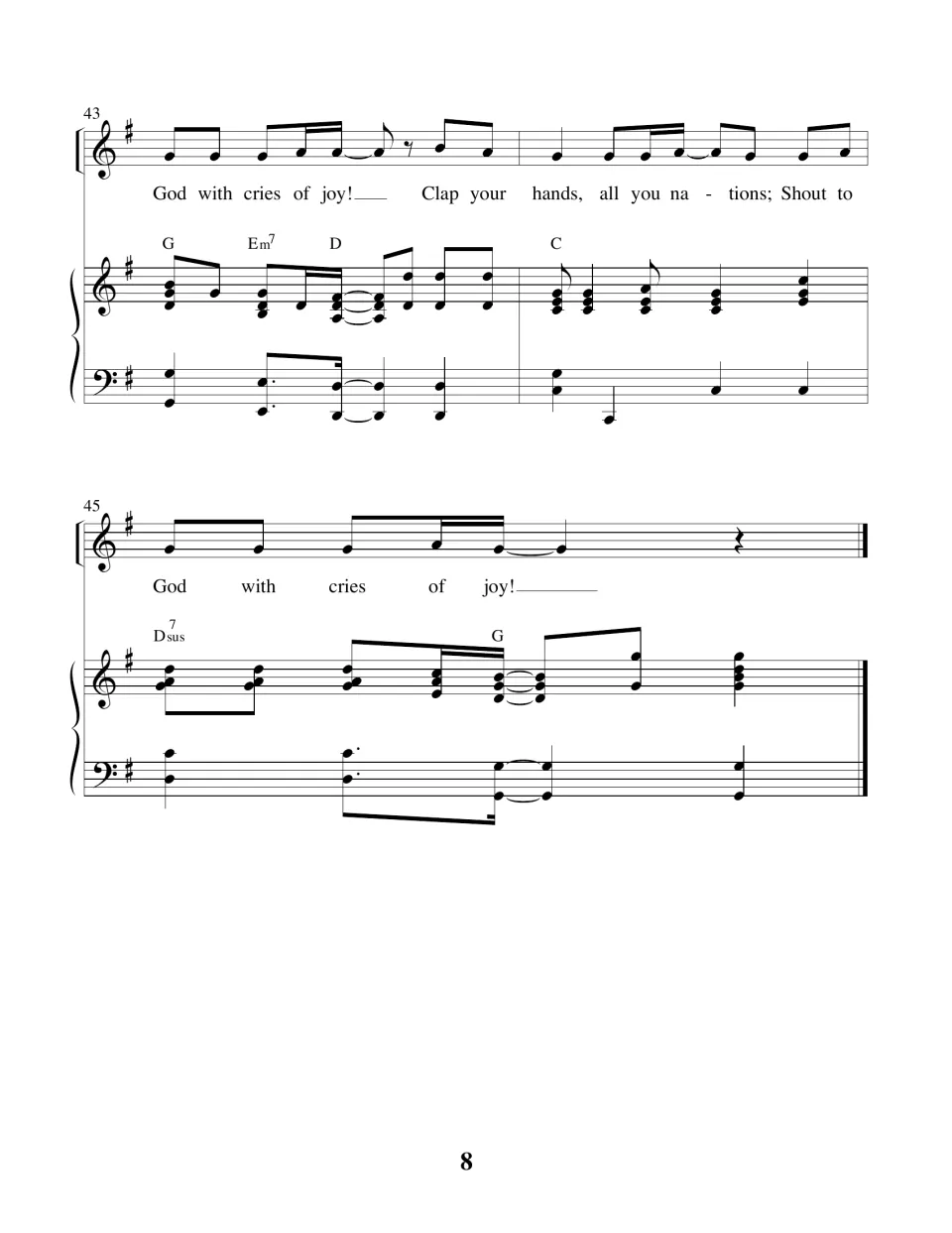 Final song page, bars 43-46: last chorus lines end on a held "God with cries of joy!" with Dsus7 to G closing chords