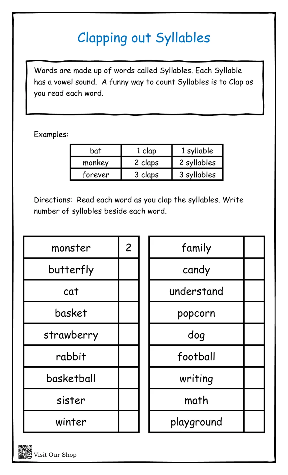 Syllable counting: students clap each of 18 words, like monster and butterfly, and write how many syllables it has