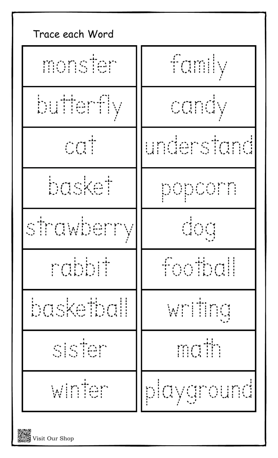 Word tracing: students trace the same 18 syllable words in dotted print, from monster and family to playground
