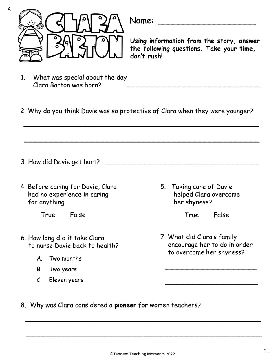 Set A comprehension questions 1–8 cover Clara's birthday, caring for Davie, shyness, and work as a teacher