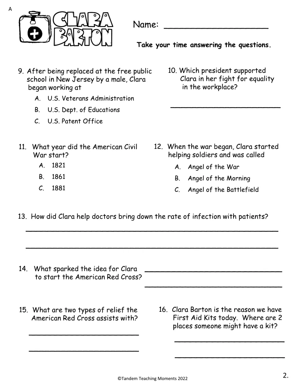 Set A comprehension questions 9–16 cover Clara's federal job, Civil War aid, the Red Cross, and first aid
