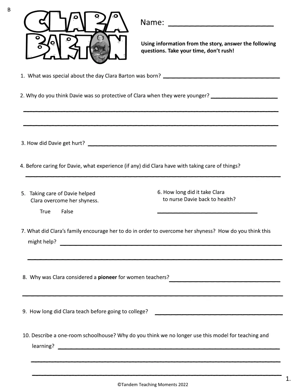 Set B comprehension questions 1–10 explore Clara's childhood, caring for Davie, teaching, and schoolhouses