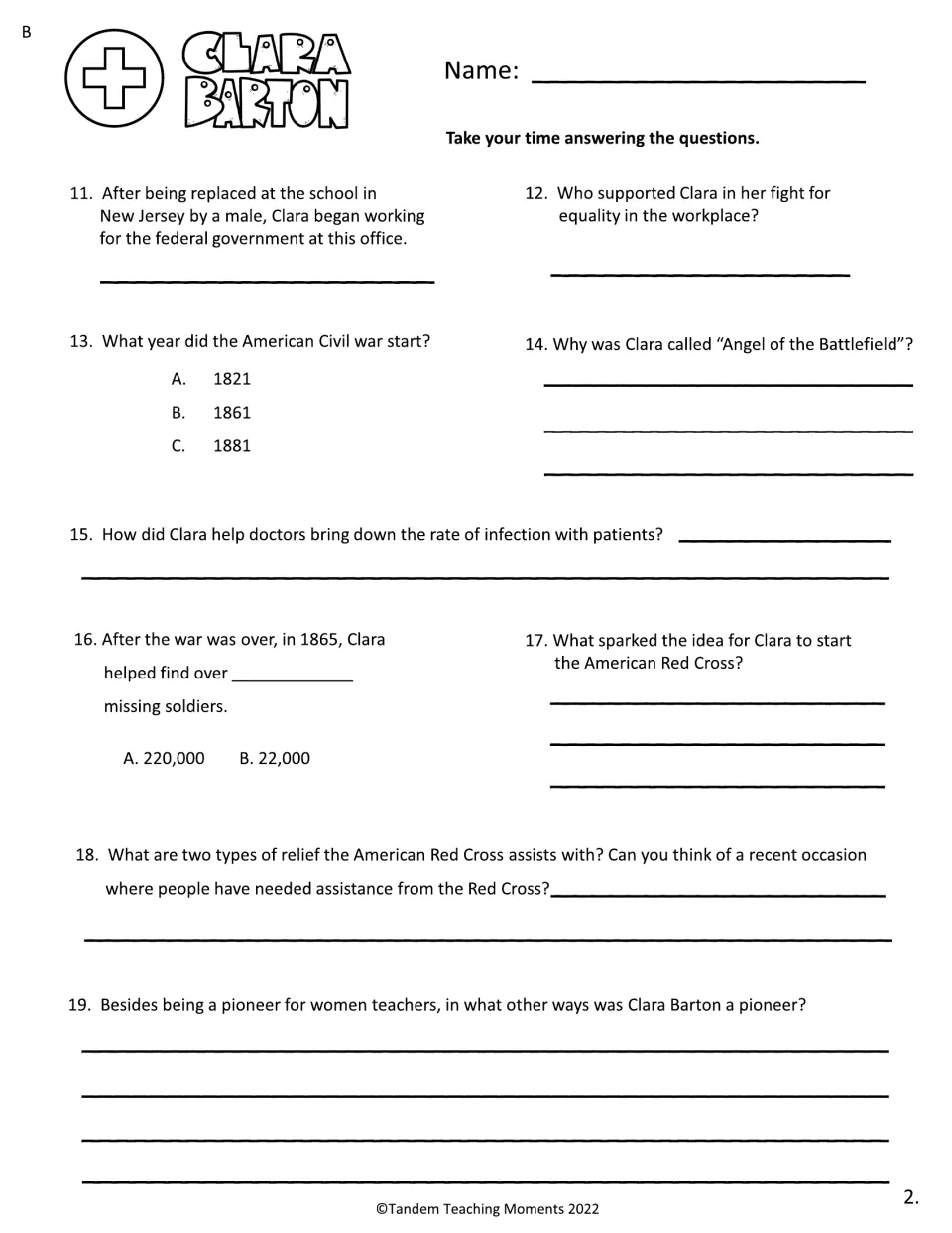 Set B comprehension questions 11–19 address Clara's federal work, Civil War aid, missing soldiers, and relief