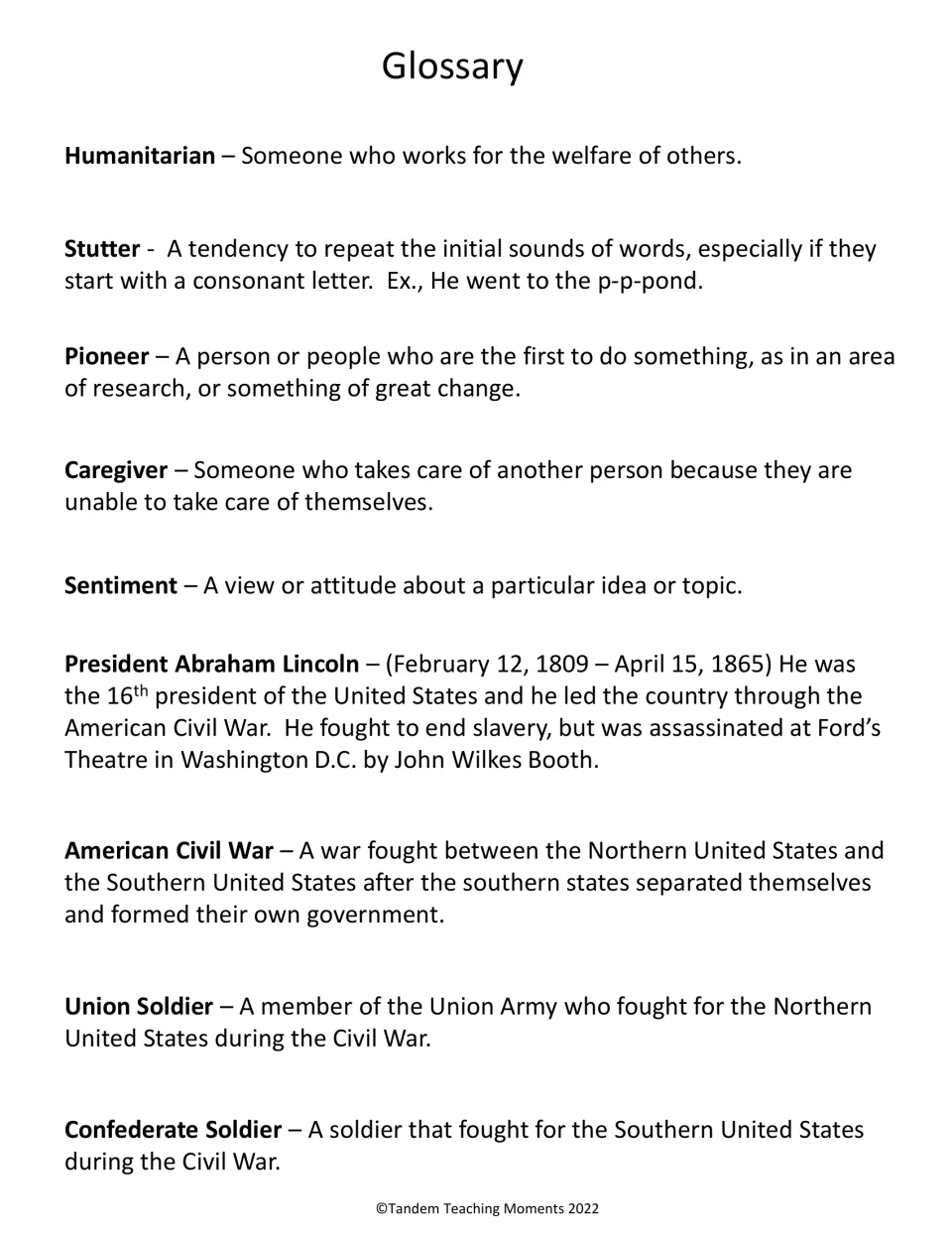 Glossary defines humanitarian, stutter, pioneer, caregiver, sentiment, and four Civil War people or terms