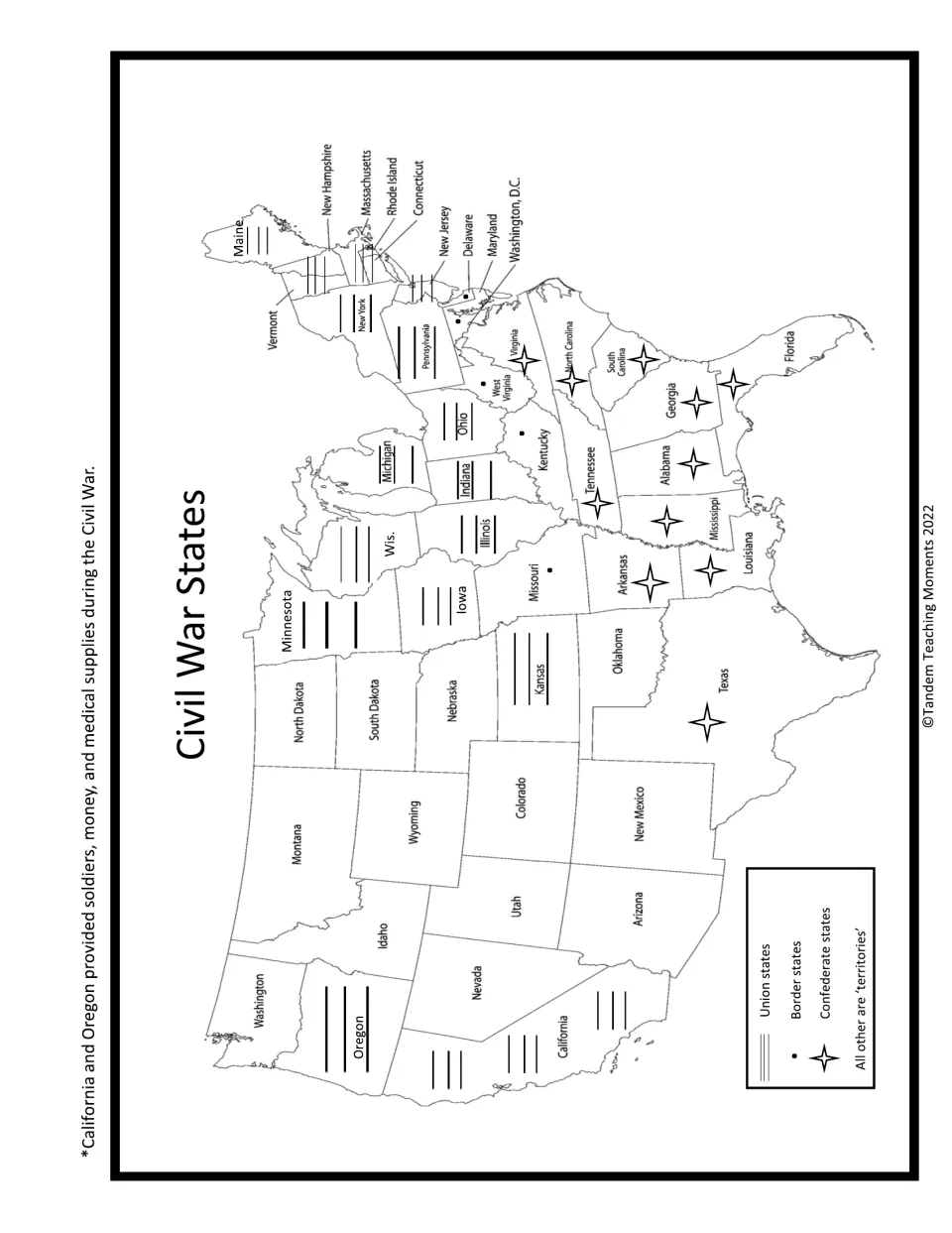 Civil War reference map identifies Union, border, and Confederate states, with other areas marked as territories