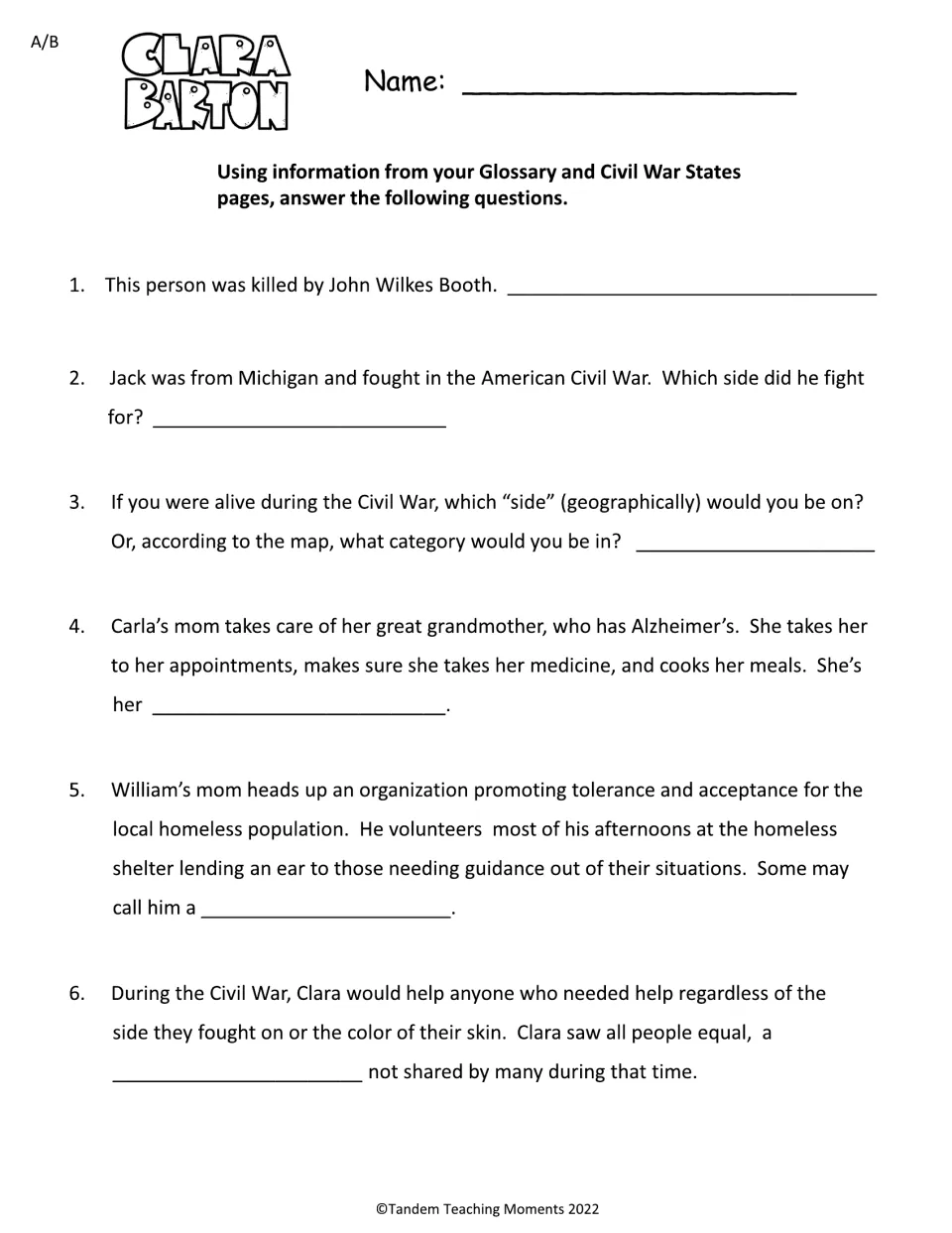 Shared A/B activity asks six questions using the glossary and Civil War map, including vocabulary scenarios