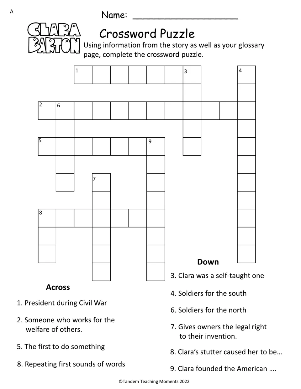Set A crossword uses story and glossary clues about Lincoln, nursing, soldiers, patents, and the Red Cross
