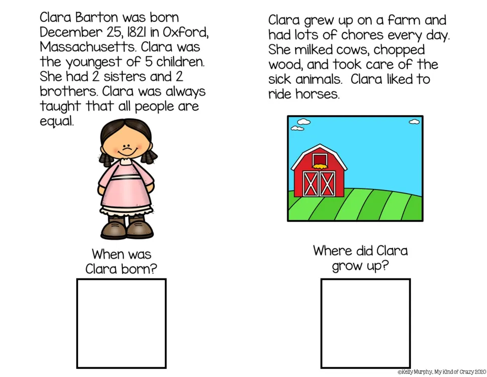 Clara's childhood: students read about her 1821 birth and farm chores, then answer when she was born and where she grew up