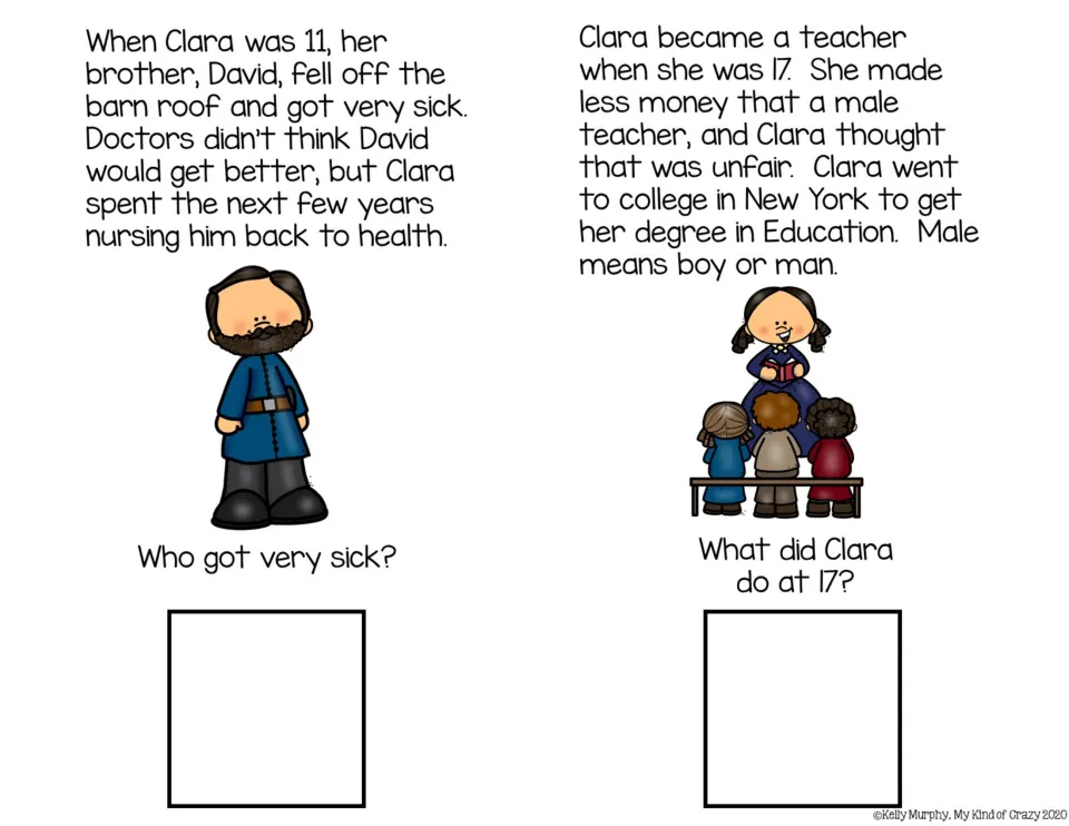 Young Clara as nurse and teacher: students read how she nursed brother David and taught at 17, then answer two questions