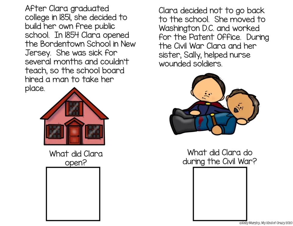 Bordentown School and Civil War: students read how Clara opened a free school and nursed soldiers, then recall each event