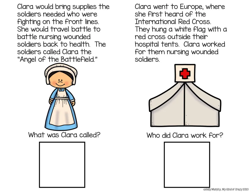 Angel of the Battlefield: students read about Clara's battlefield nursing and Red Cross work in Europe and answer 2 questions