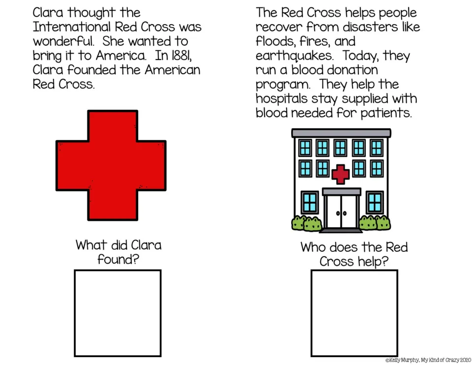 American Red Cross: students read that Clara founded it in 1881 and how it helps after disasters, then answer two questions
