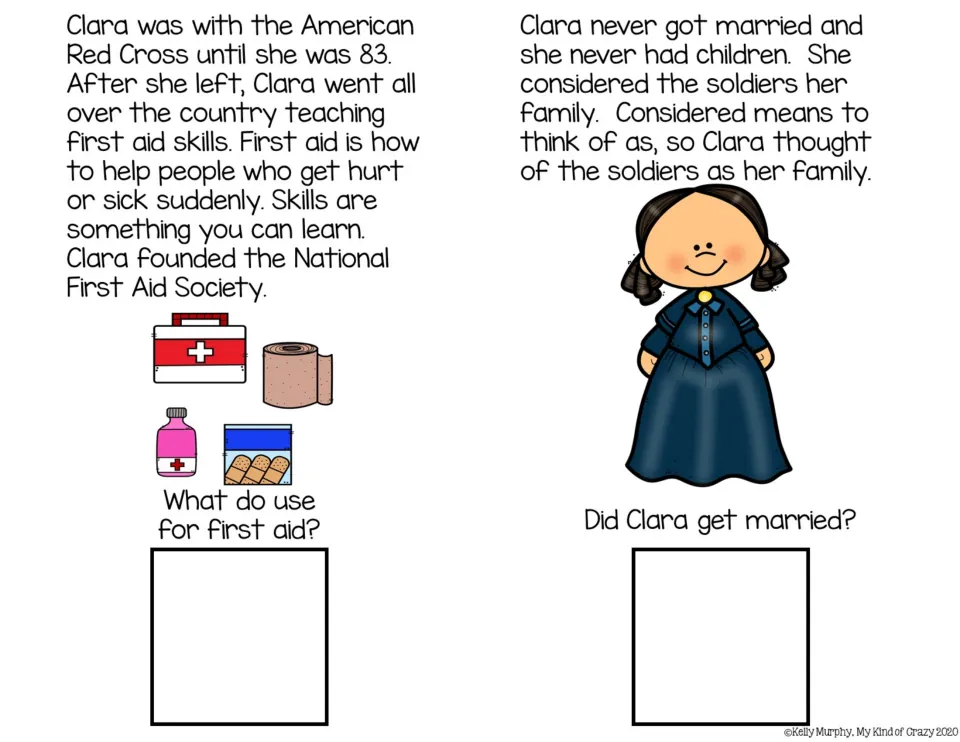 Clara's later life: students read about her first aid teaching and why soldiers were her family, then answer two questions