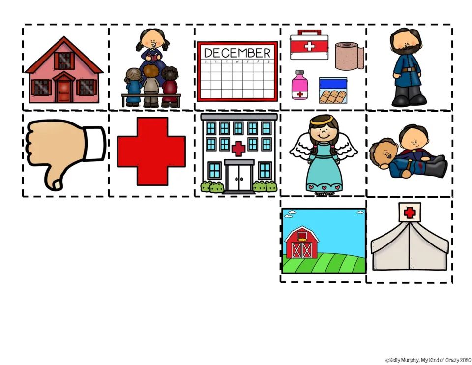 Cut-and-glue answer pictures: 12 images including a December calendar, red cross, first aid kit, angel and farm