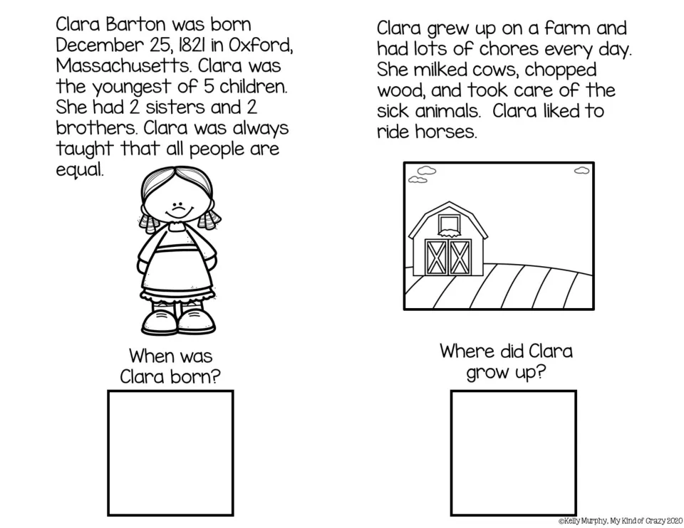 Black-and-white childhood page: students read about Clara's 1821 Oxford birth and farm life, then answer two questions