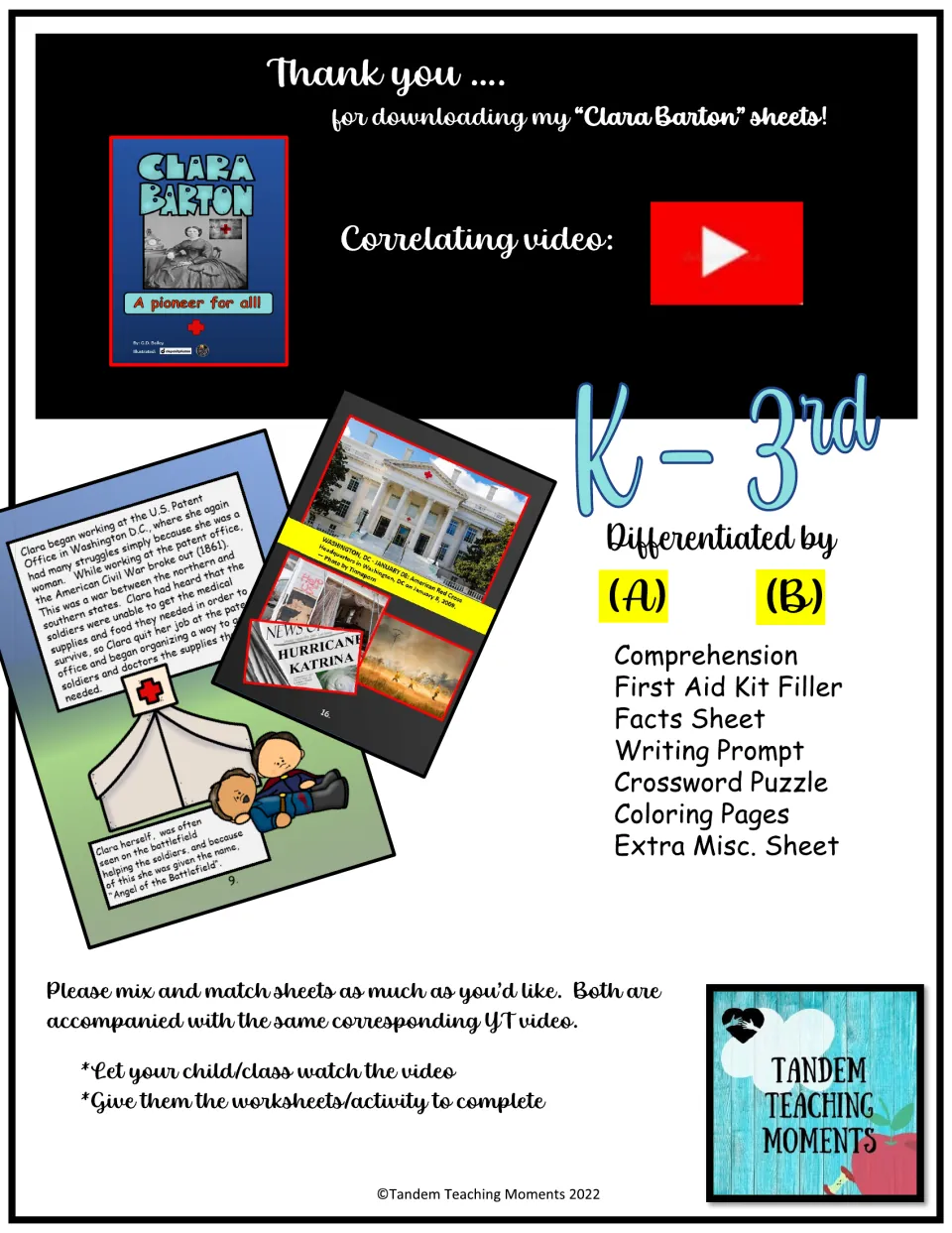 Clara Barton packet introduction lists activities for grades K–3, differentiated A/B sets, and a companion video.