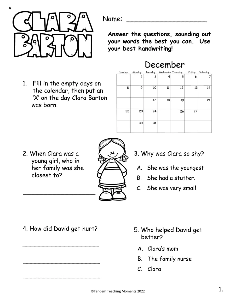 Level A comprehension questions 1–5 cover Clara Barton's birthday, childhood shyness, and her brother David.