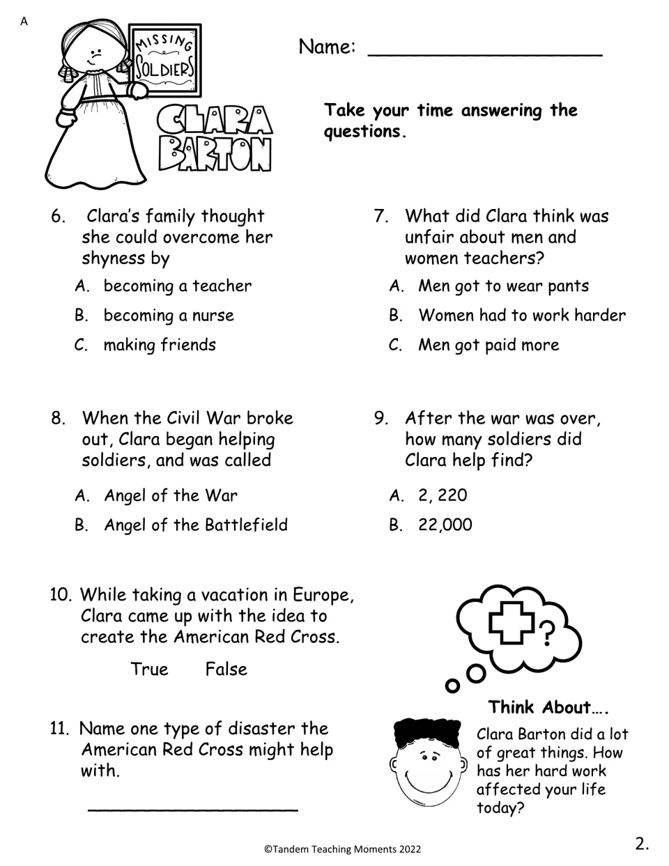 Level A comprehension questions 6–11 cover Clara Barton's teaching, wartime service, and the American Red Cross.