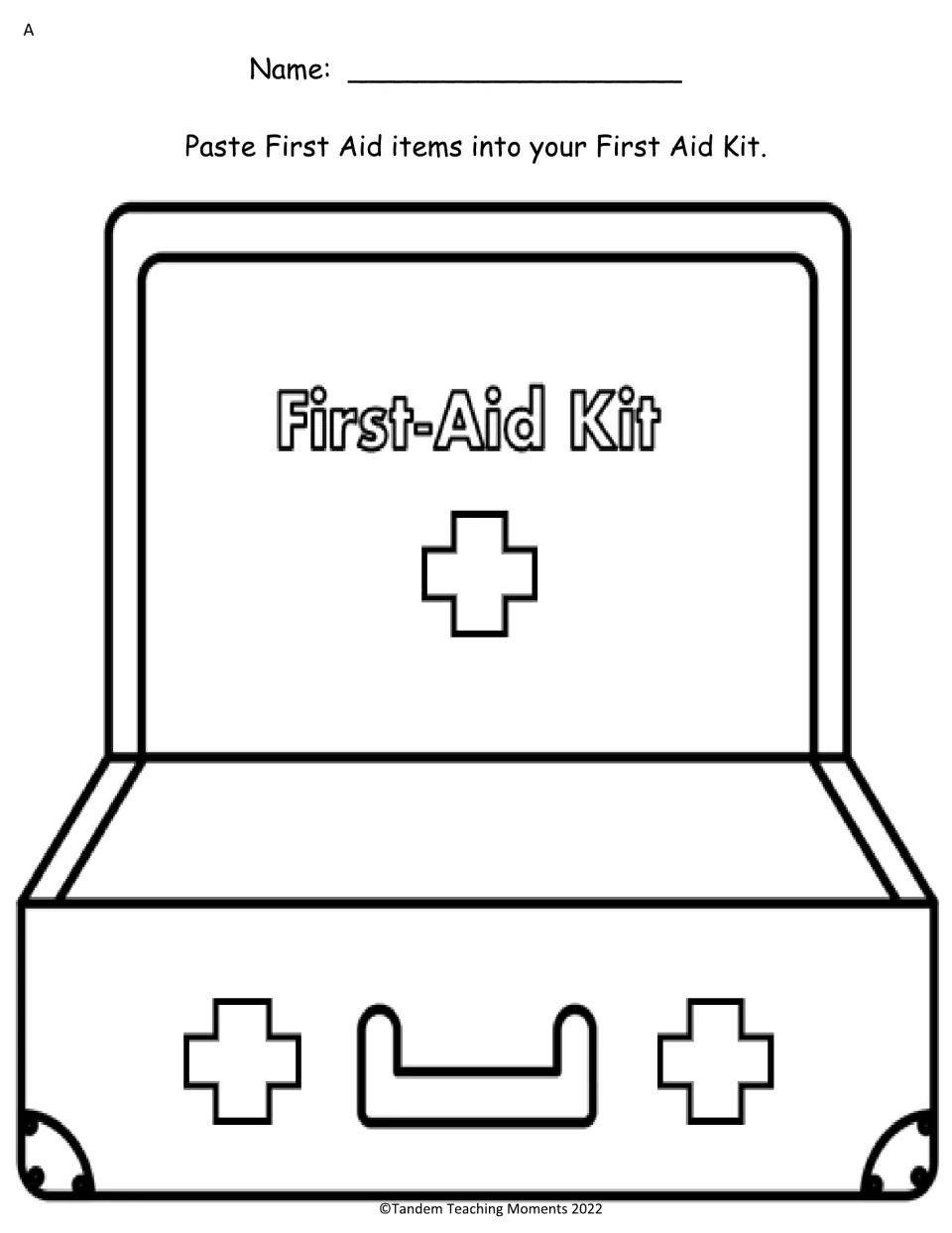 Level A first-aid kit activity provides an empty kit illustration for pasting items from the cutout sheet.