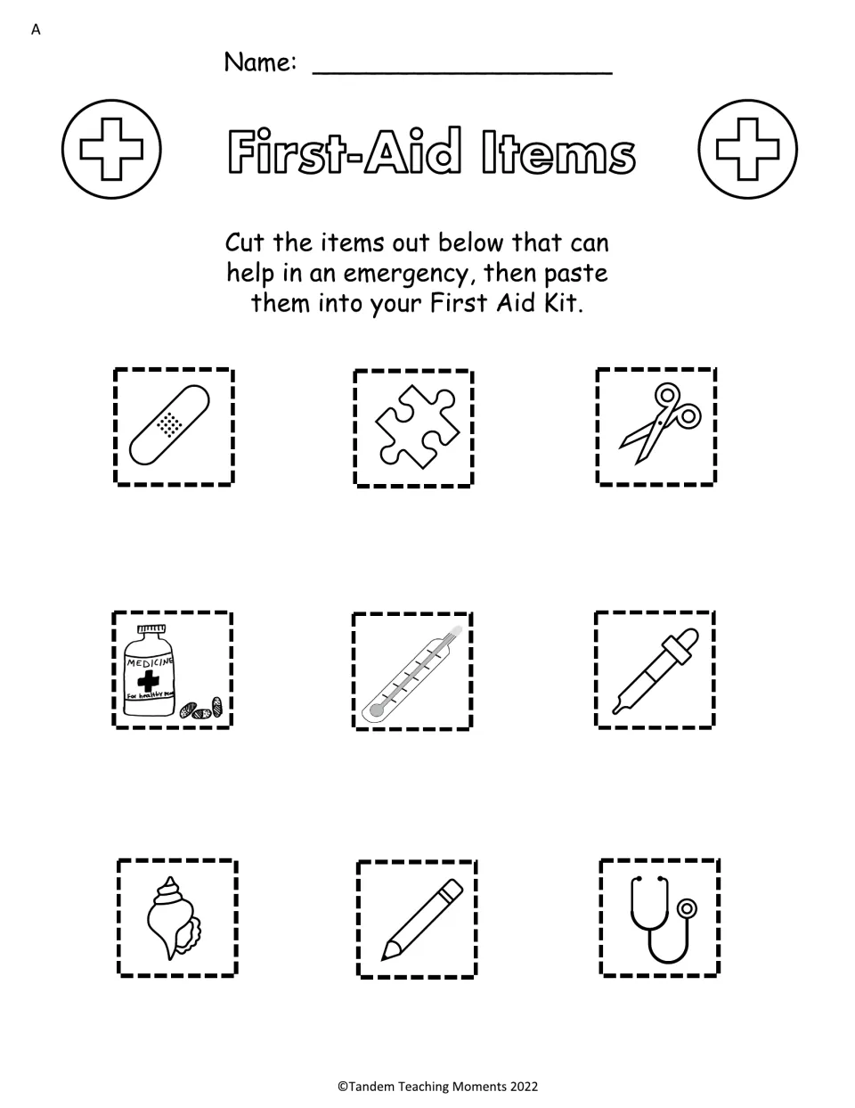 Level A first-aid sorting sheet asks students to cut out emergency supplies from nine pictures and paste them.