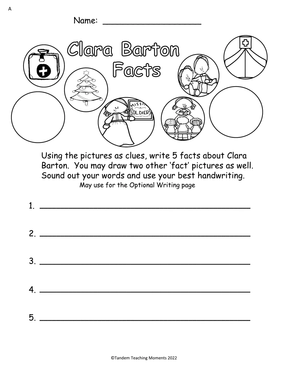 Level A facts sheet asks students to write five facts about Clara Barton using picture clues and add two drawings.