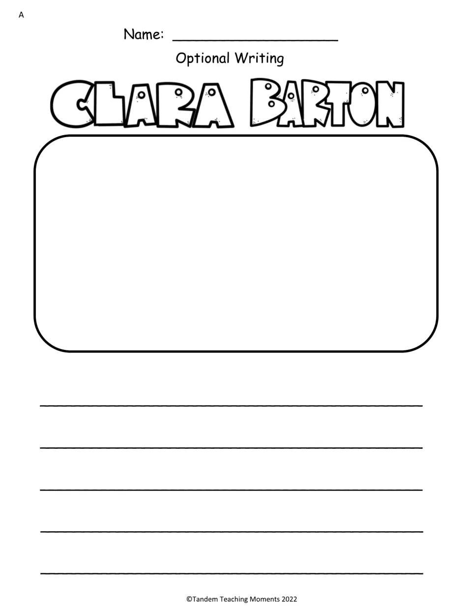 Level A optional Clara Barton writing page provides space for an illustration and a written response.