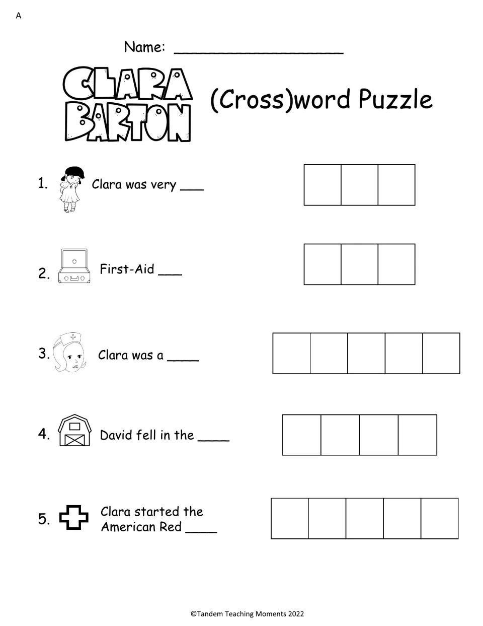 Level A word puzzle uses five picture clues about Clara Barton's shyness, first aid, nursing, David, and Red Cross.