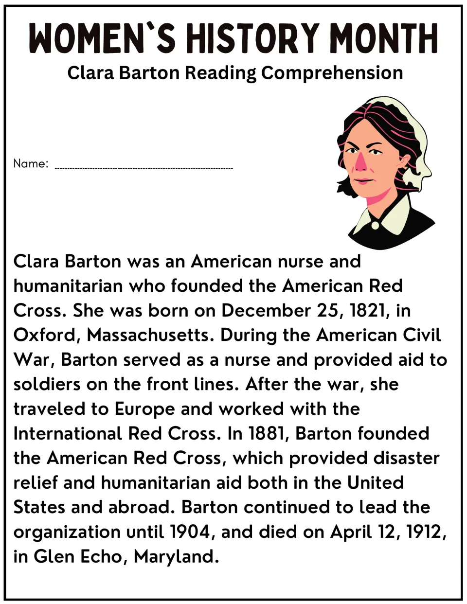 Clara Barton biography passage: students read about her Civil War nursing and founding the American Red Cross in 1881