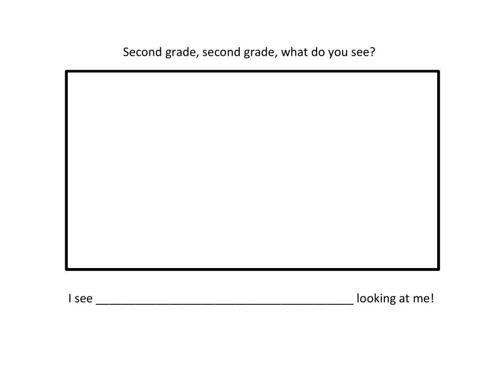 Patterned-sentence writing page: students draw a picture, then complete the frame "I see ___ looking at me!" to match it