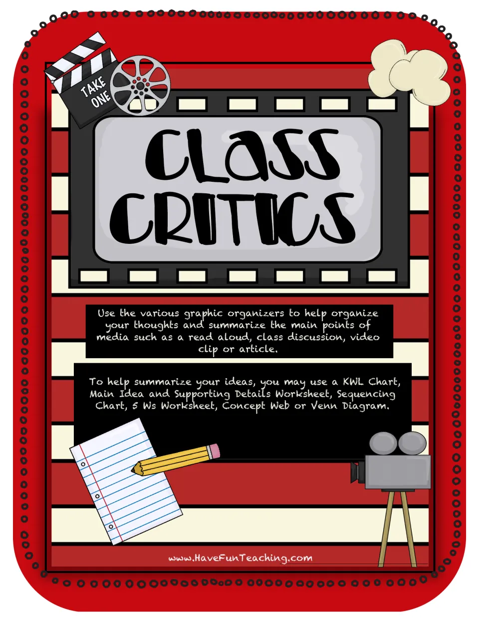 Class Critics movie-themed cover listing six organizers: KWL, main idea, sequencing, 5 Ws, concept web and Venn diagram