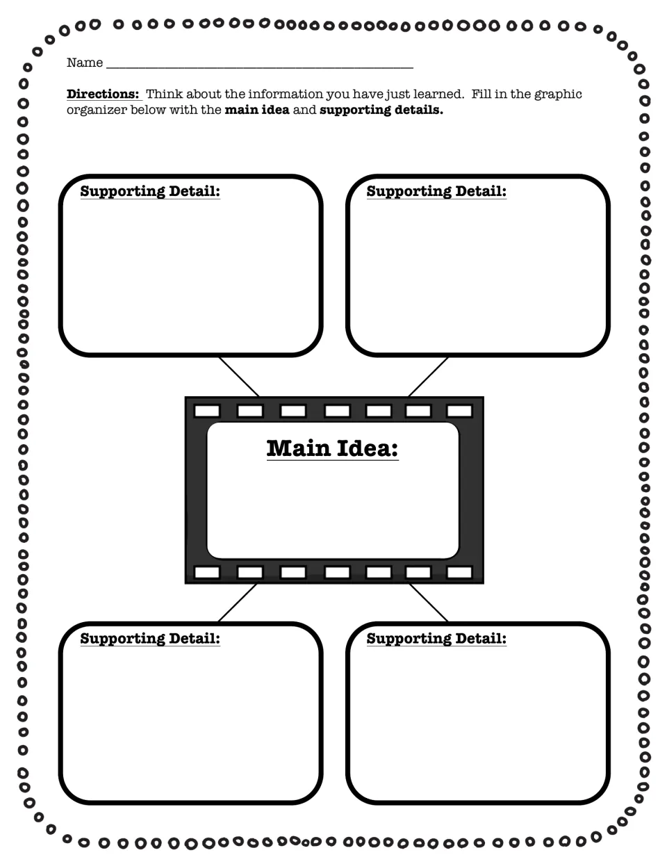Main idea and details organizer: students write the main idea in a film frame and four supporting details around it