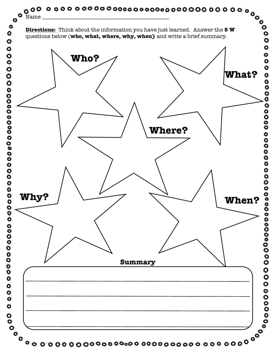 5 Ws summary: students answer who, what, where, why and when in stars, then write a brief summary of the lesson