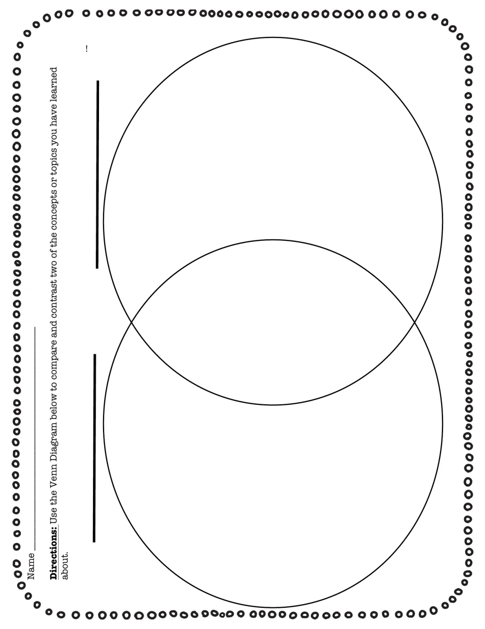 Venn diagram: students label two concepts or topics from class and compare and contrast similarities and differences