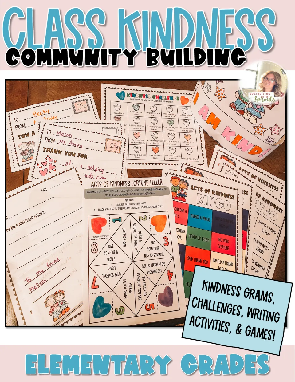 Class kindness activity cover showing kindness notes, a fortune teller, a challenge, bingo, and a crown