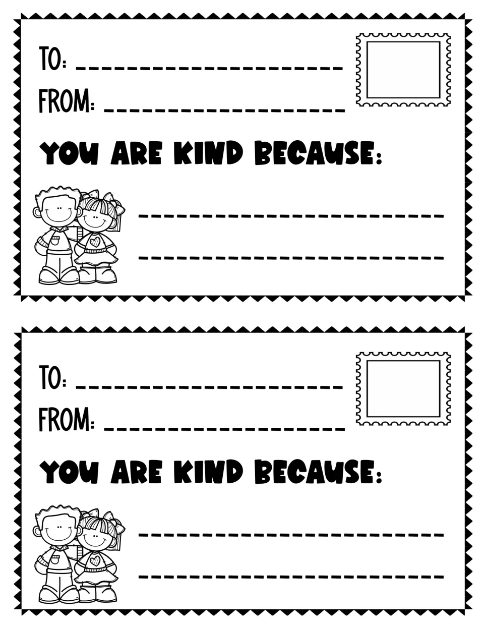 Two kindness notes with the prompt “You are kind because:” and spaces to name the recipient and sender