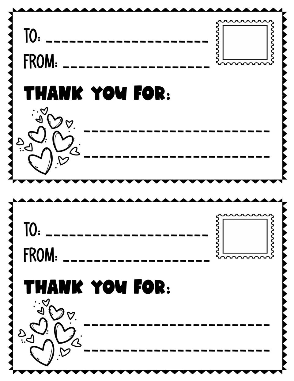 Two kindness thank-you notes with the prompt “Thank you for:” and spaces for the recipient and sender