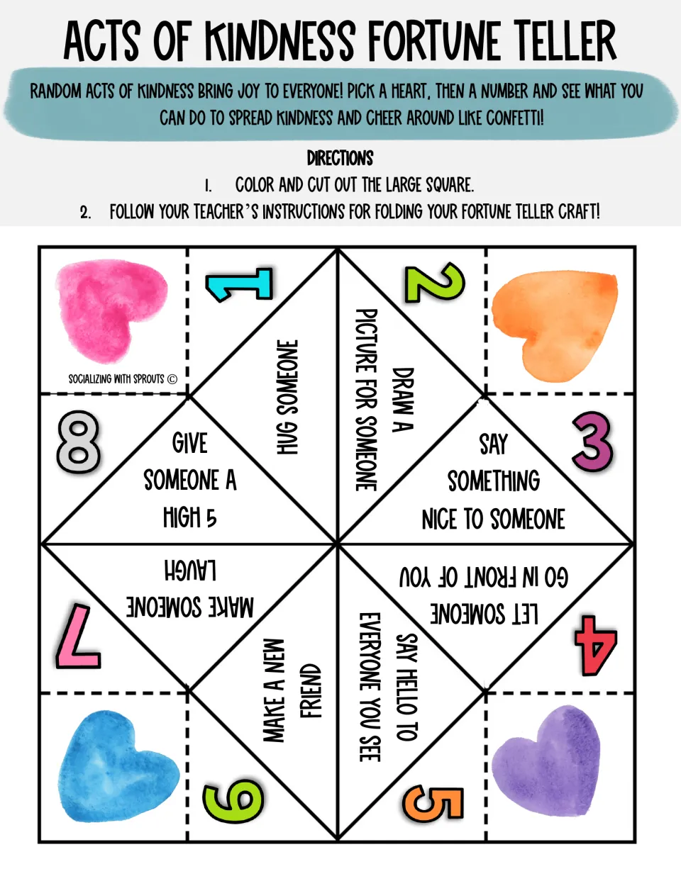 Acts of Kindness Fortune Teller craft with eight actions, including drawing for someone and making a new friend