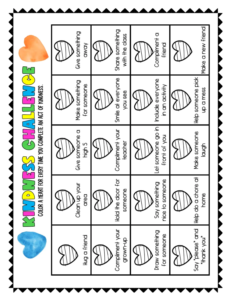 Kindness Challenge sheet with 20 actions, including cleaning your area, sharing, and complimenting a friend
